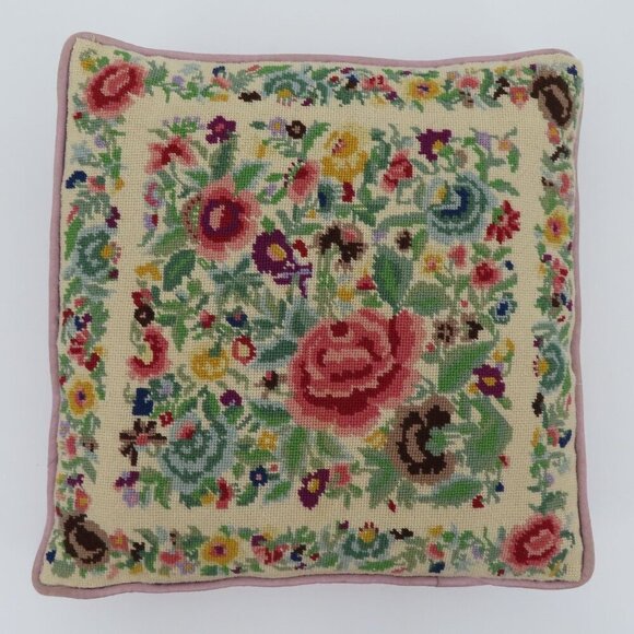 Handmade Multicolor Flower Floral Needlepoint Purple Back Throw Accent Pillow - Picture 12 of 13